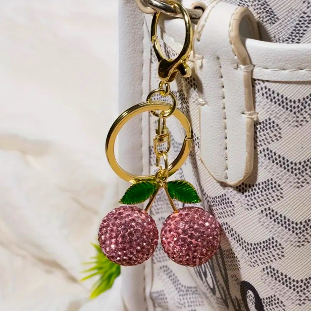 Pink Cherry Rhinestone Bag Charm Key Chain - NWT! 🍒